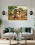 Living room with a painting of a rural scene above a white sofa.