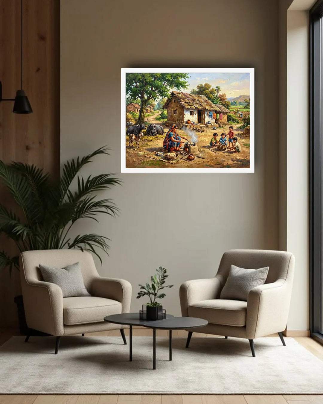 Framed artwork of a rural scene with people and animals in a living room setting.