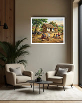 Framed artwork of a rural scene with people and animals in a living room setting.
