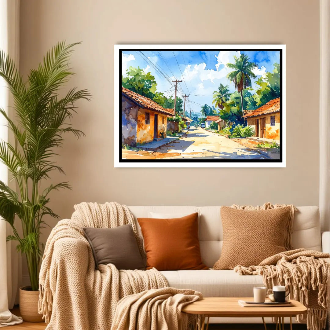 Sunny Village Street Watercolor Painting – Wall Art Canvas