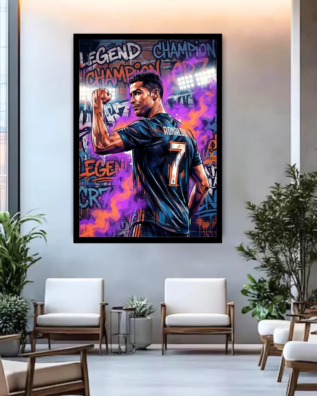 Framed artwork of a sports figure in a modern room with chairs and plants