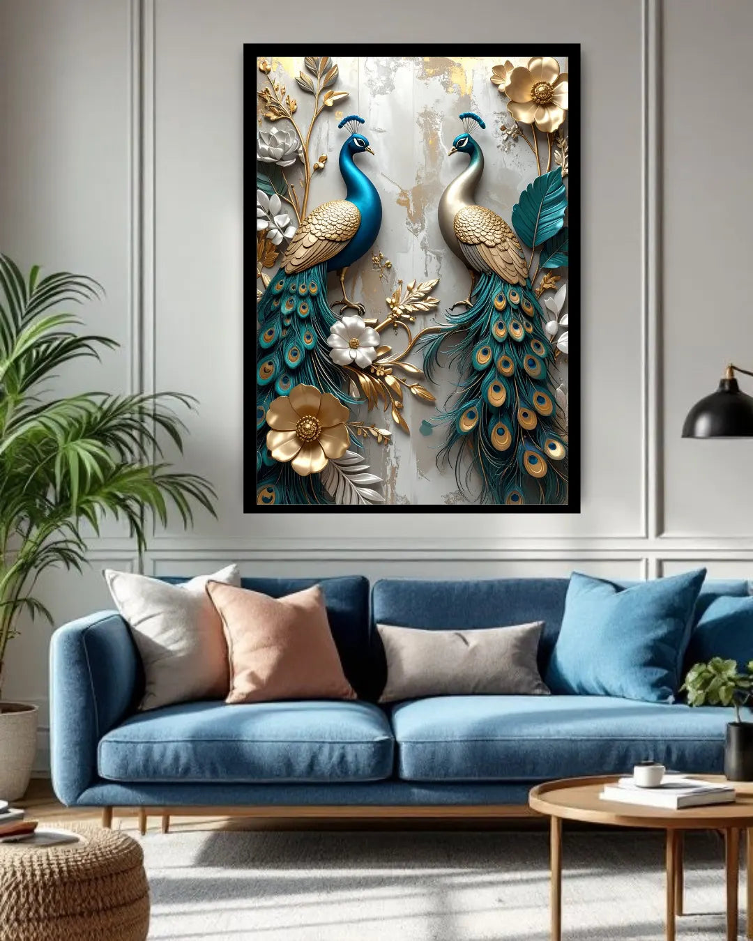 Decorative wall art of peacocks and flowers above a blue sofa in a living room.