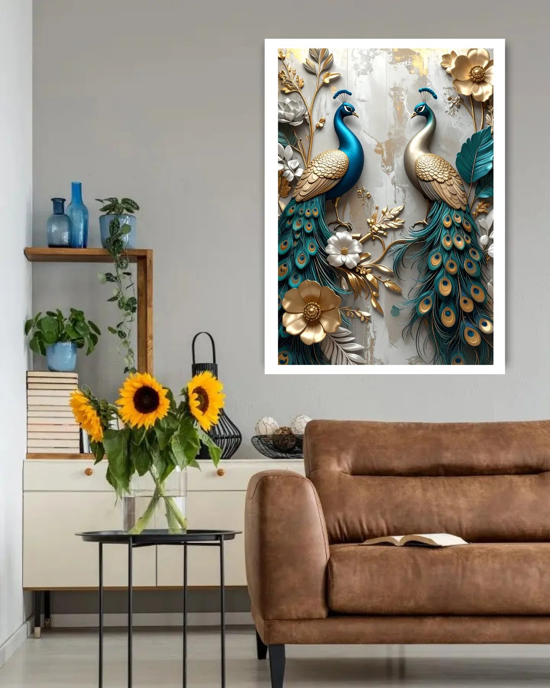 Living room with a decorative wall art of peacocks and flowers, brown sofa, and sunflower arrangement.