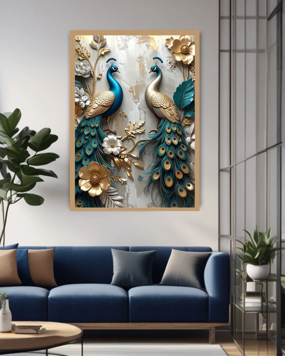 Decorative wall art of peacocks and flowers in a modern living room.