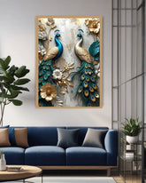 Decorative wall art of peacocks and flowers in a modern living room.