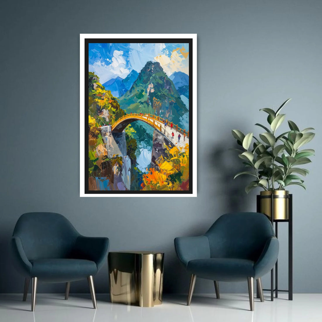 Mountain bridge landscape canvas wall art painting
