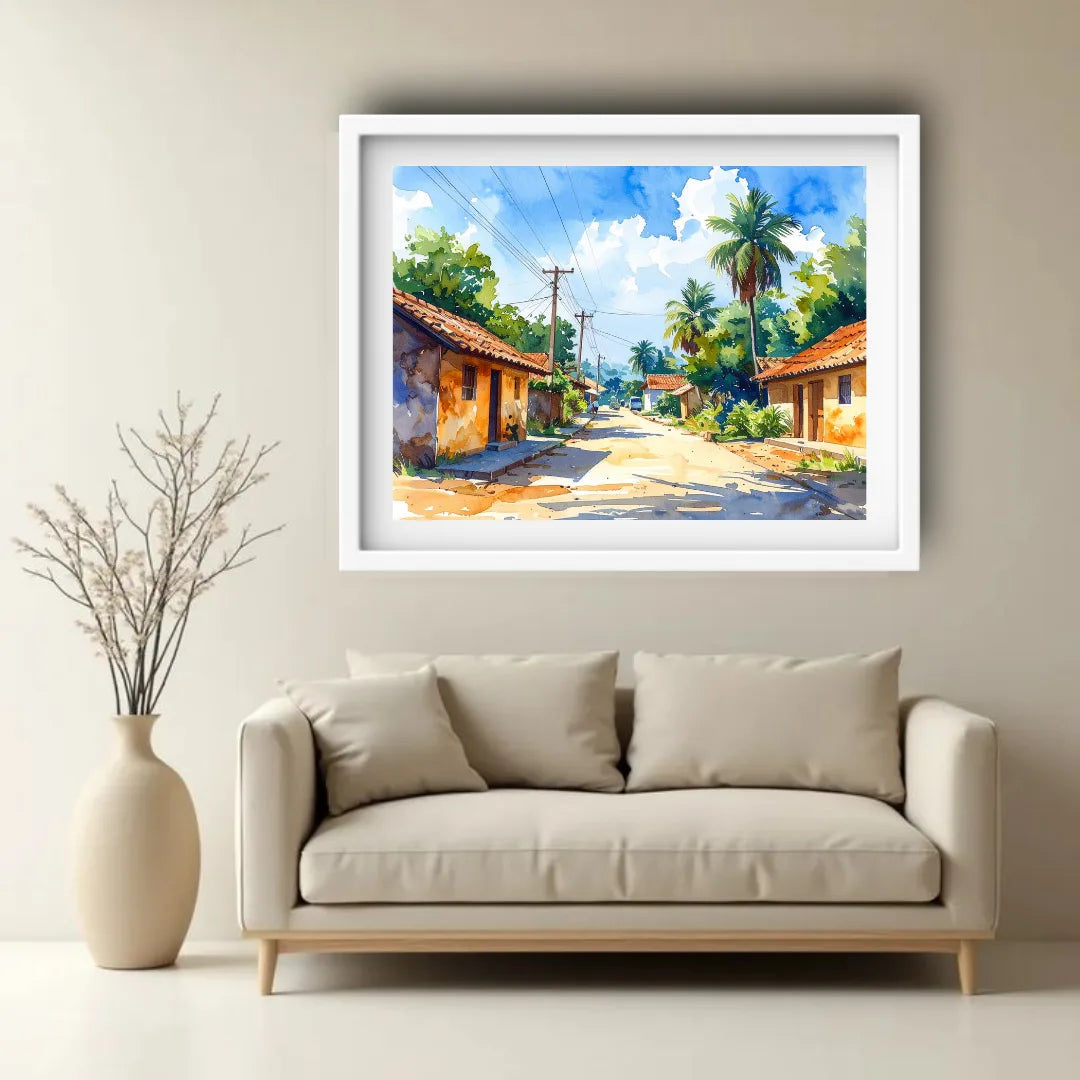 Sunny Village Street Watercolor Painting – Wall Art Canvas