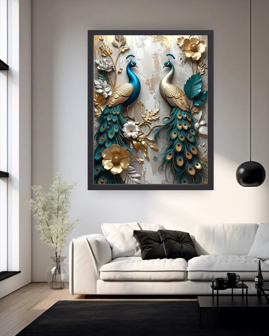Framed artwork of peacocks and flowers on a wall above a white sofa in a living room.