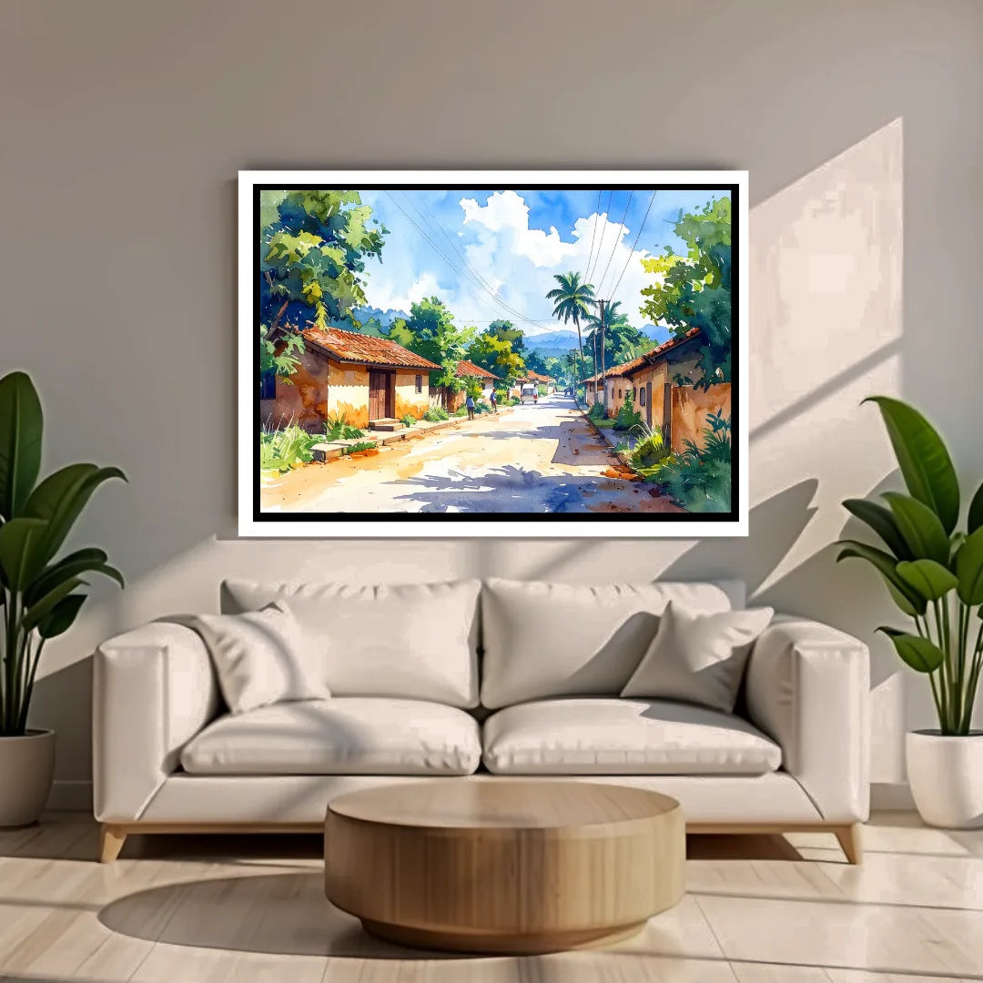 Peaceful Village Road Watercolor Painting – Wall Art Canvas