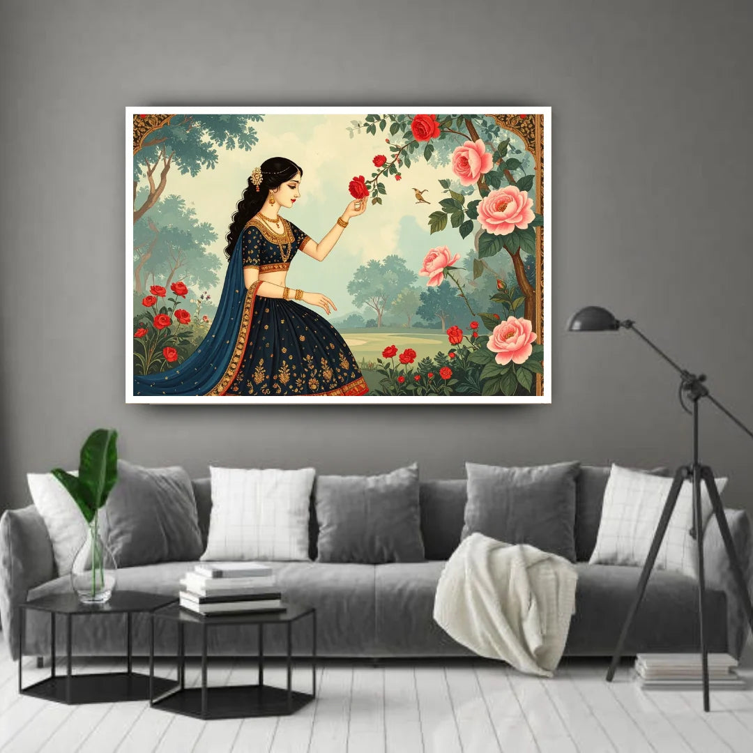 Indian Lady Amidst Roses - Wall Art Canvas