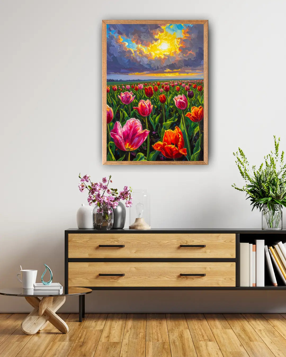 Sunset Tulip Field Wall Art – Vibrant Landscape Canvas Painting for Home &amp; Café Décor