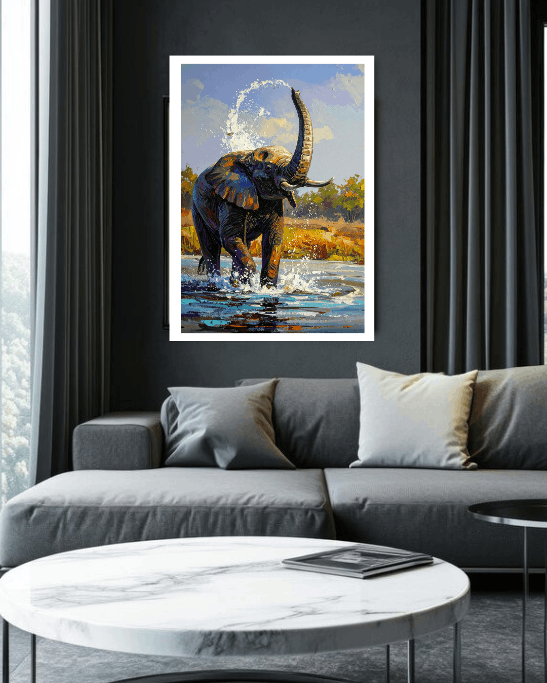Framed painting of an elephant in a natural setting above a gray sofa in a living room.