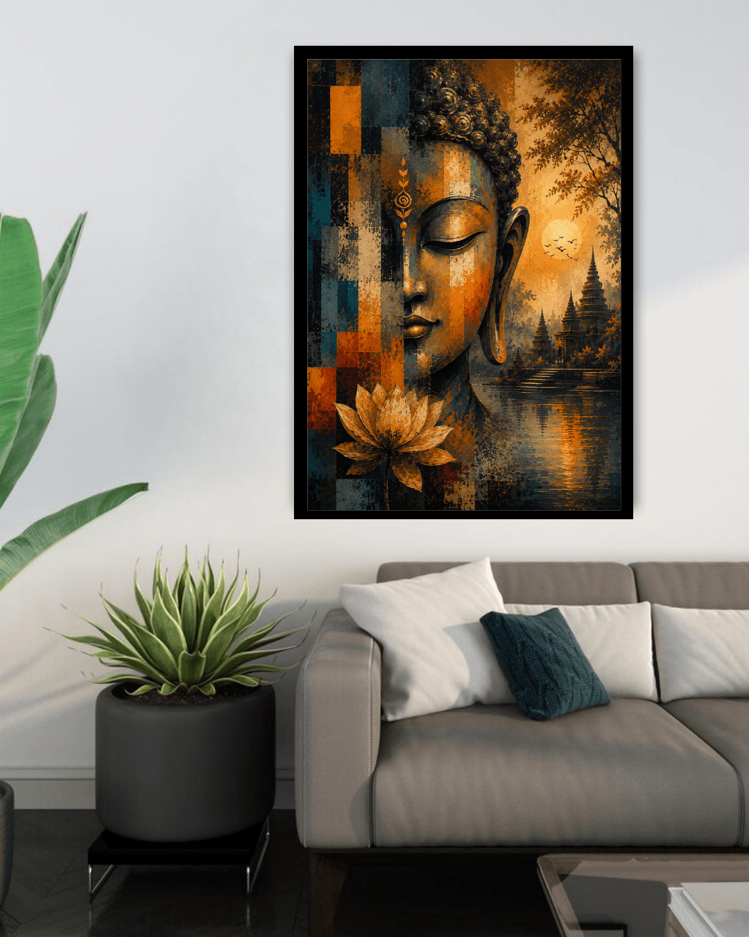 Framed artwork of a Buddha with a lotus flower in a living room setting.