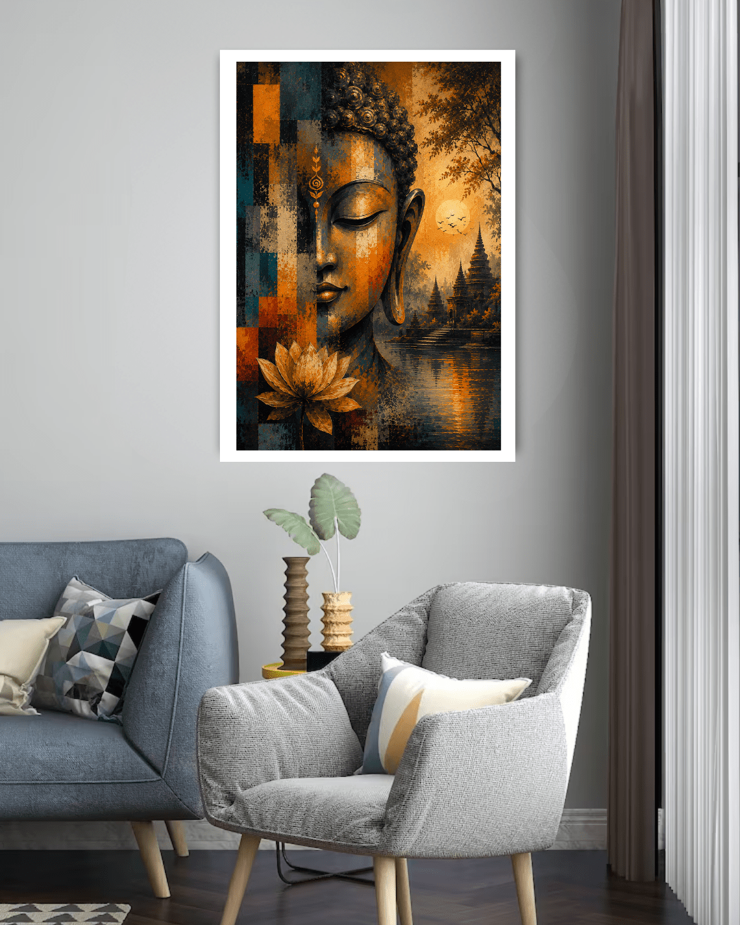 Decorative Buddha painting on a wall above a gray armchair and sofa.