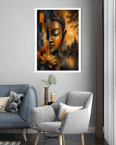 Decorative Buddha painting on a wall above a gray armchair and sofa.