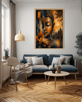 Living room with a blue sofa, wooden coffee table, and a large Buddha painting on the wall.