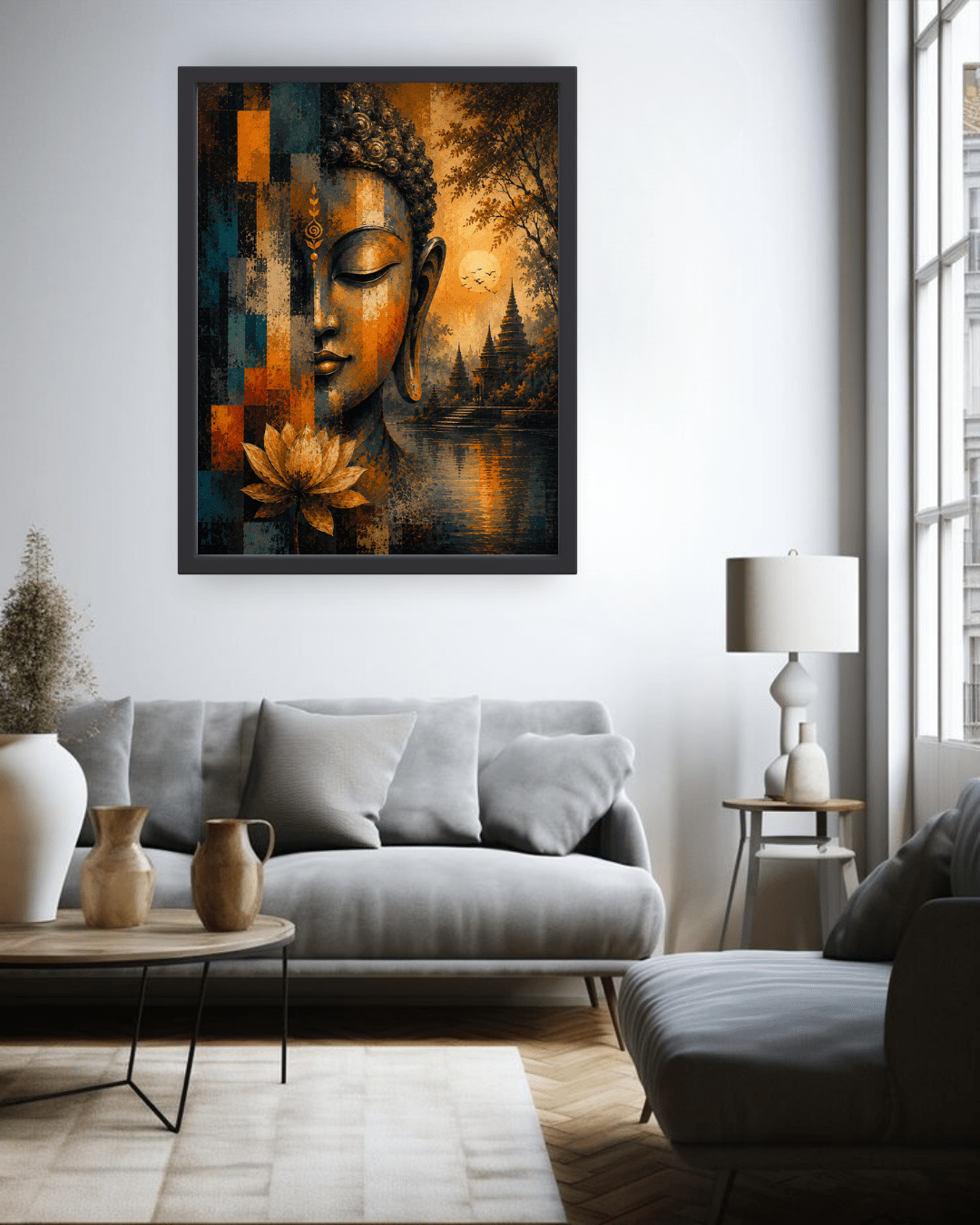 Framed artwork of a Buddha face with lotus flower in a living room setting.