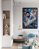 Framed sports poster of a player in a modern living room.