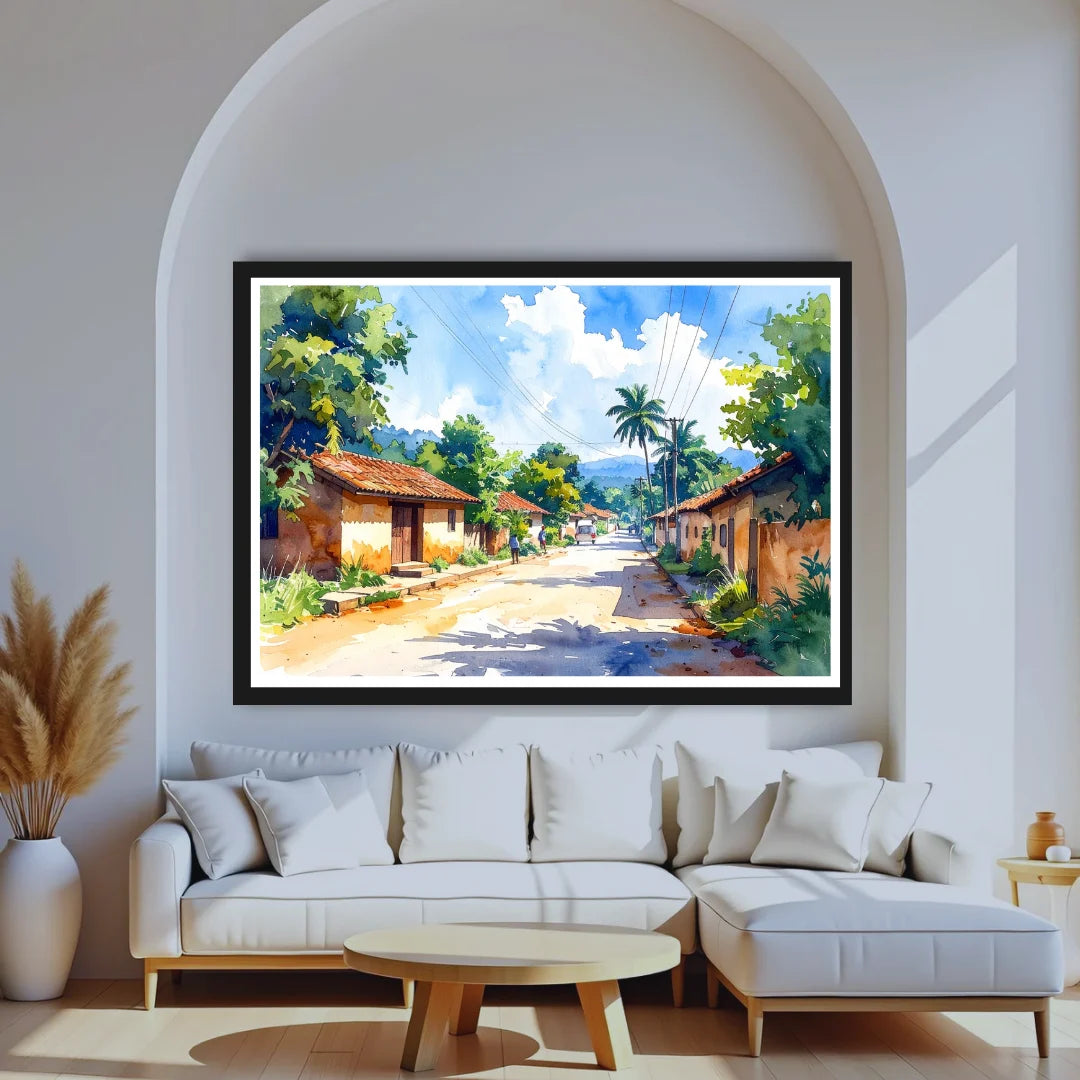 Peaceful Village Road Watercolor Painting – Wall Art Canvas