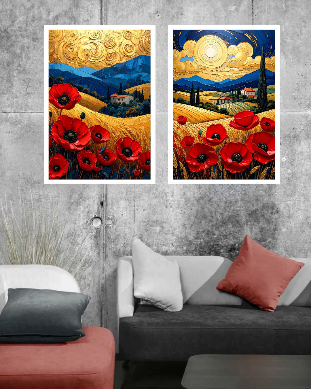 Abstract Red Flower Landscape Set of 2 - Wall Art Canvas