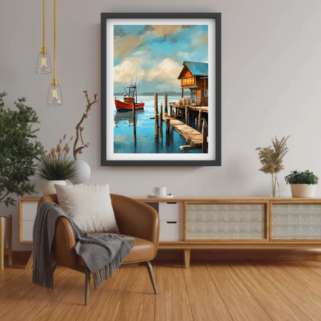Scenic wooden boat wall art canvas for bedroom or study room wall decor
