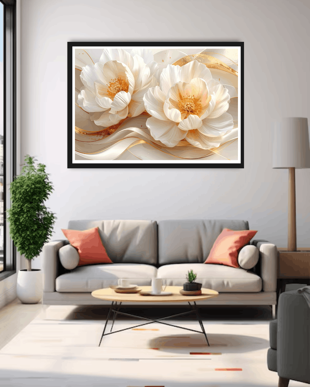 Living room with a gray sofa, coffee table, and decorative wall art of white flowers.