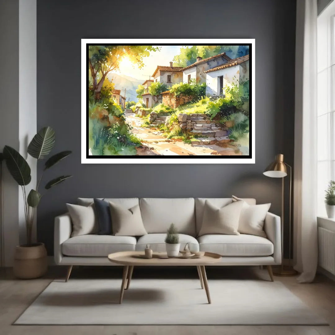 Sunlit Countryside Village Watercolor Painting – Wall Art Canvas