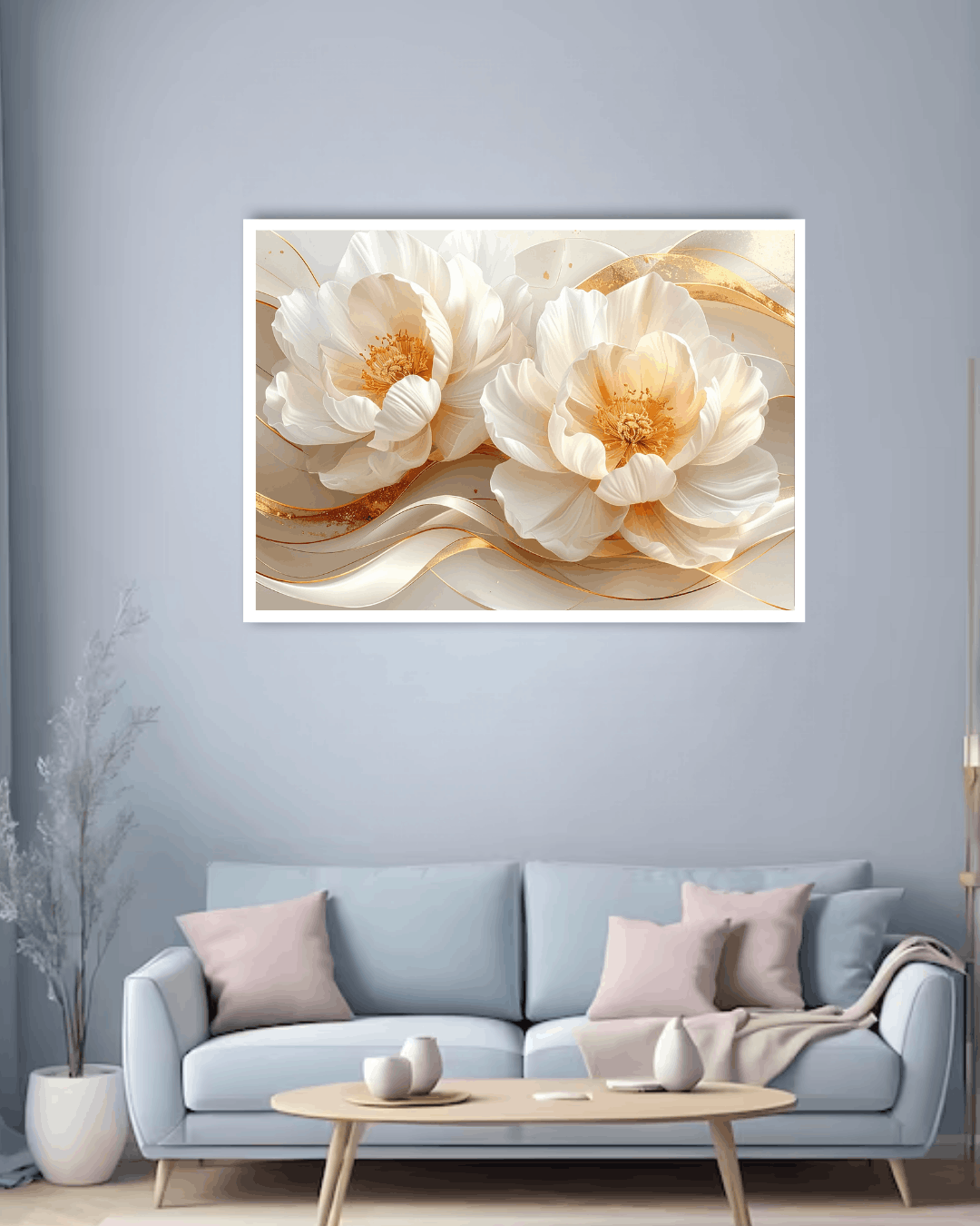 Floral artwork on a wall above a light blue sofa in a living room.