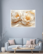 Floral artwork on a wall above a light blue sofa in a living room.