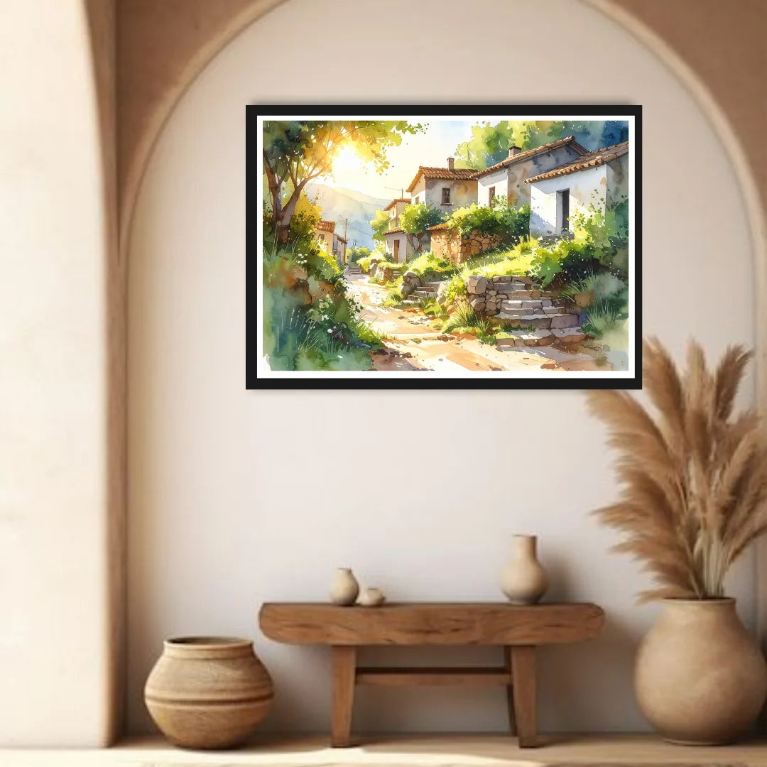 Sunlit Countryside Village Watercolor Painting – Wall Art Canvas