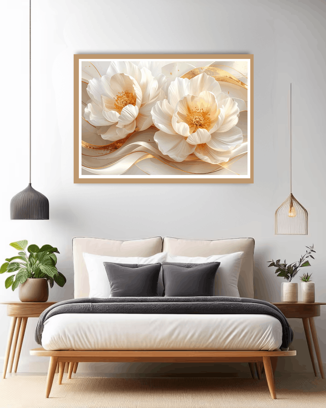 Bedroom with a bed, nightstands, and a floral painting on the wall.