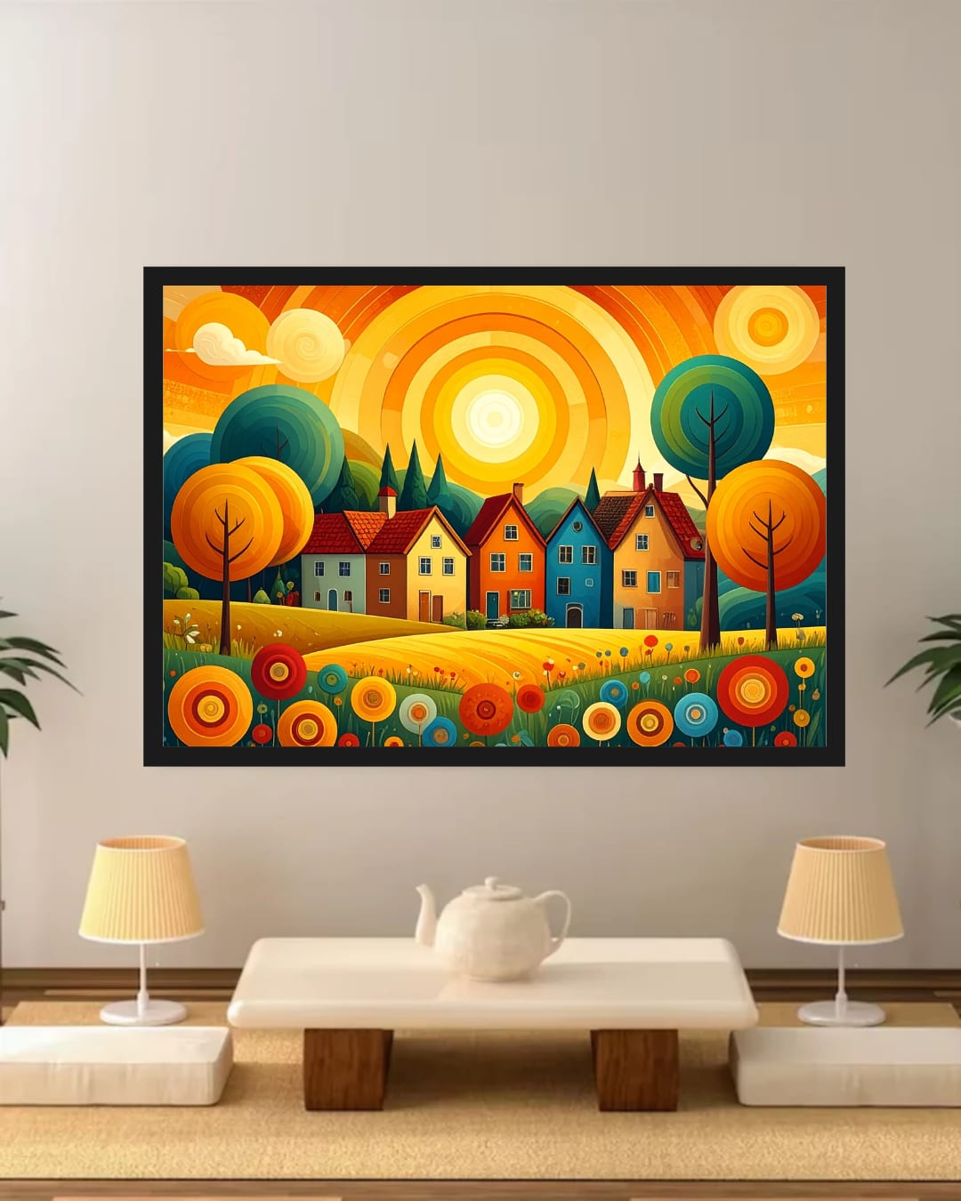 Abstract Colorful Village Sun - Wall Art Canvas WallArtVibes