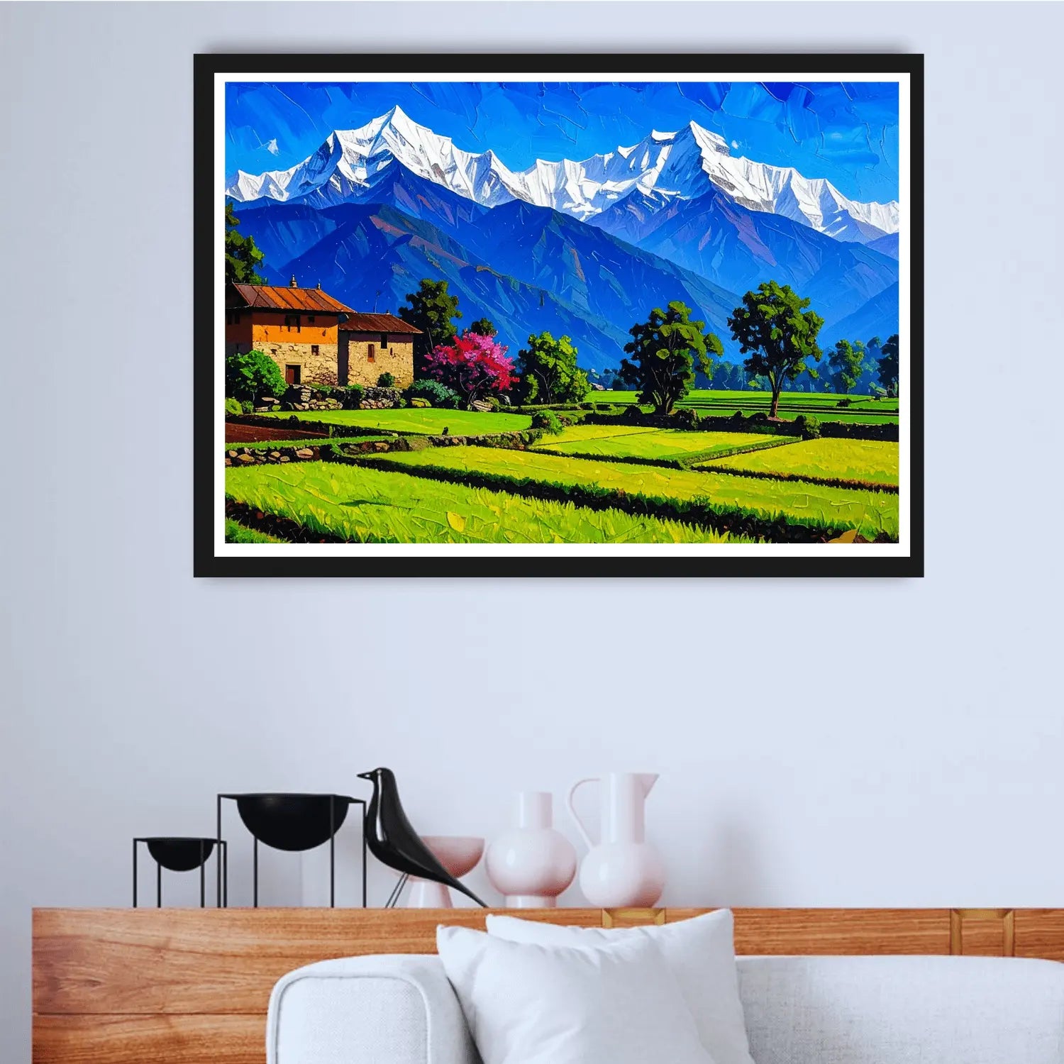 Snow mountain valley canvas landscape painting

