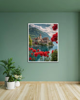 Mountain village wall art with red flowers for modern home decor