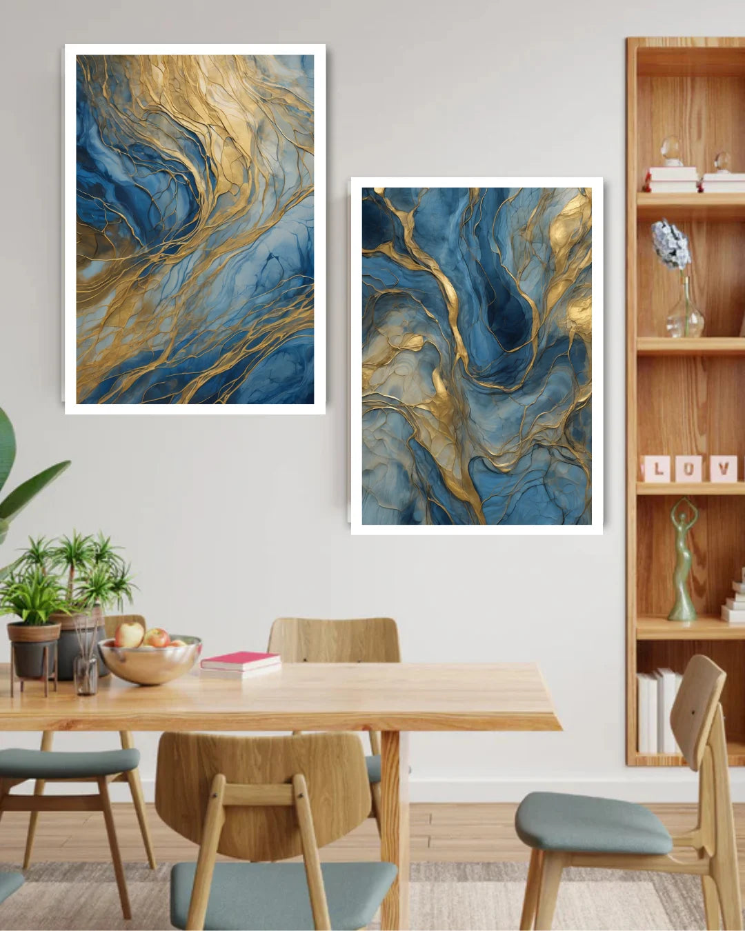 Blue Gold Fluid - Set Of 2 - Wall Art Canvas