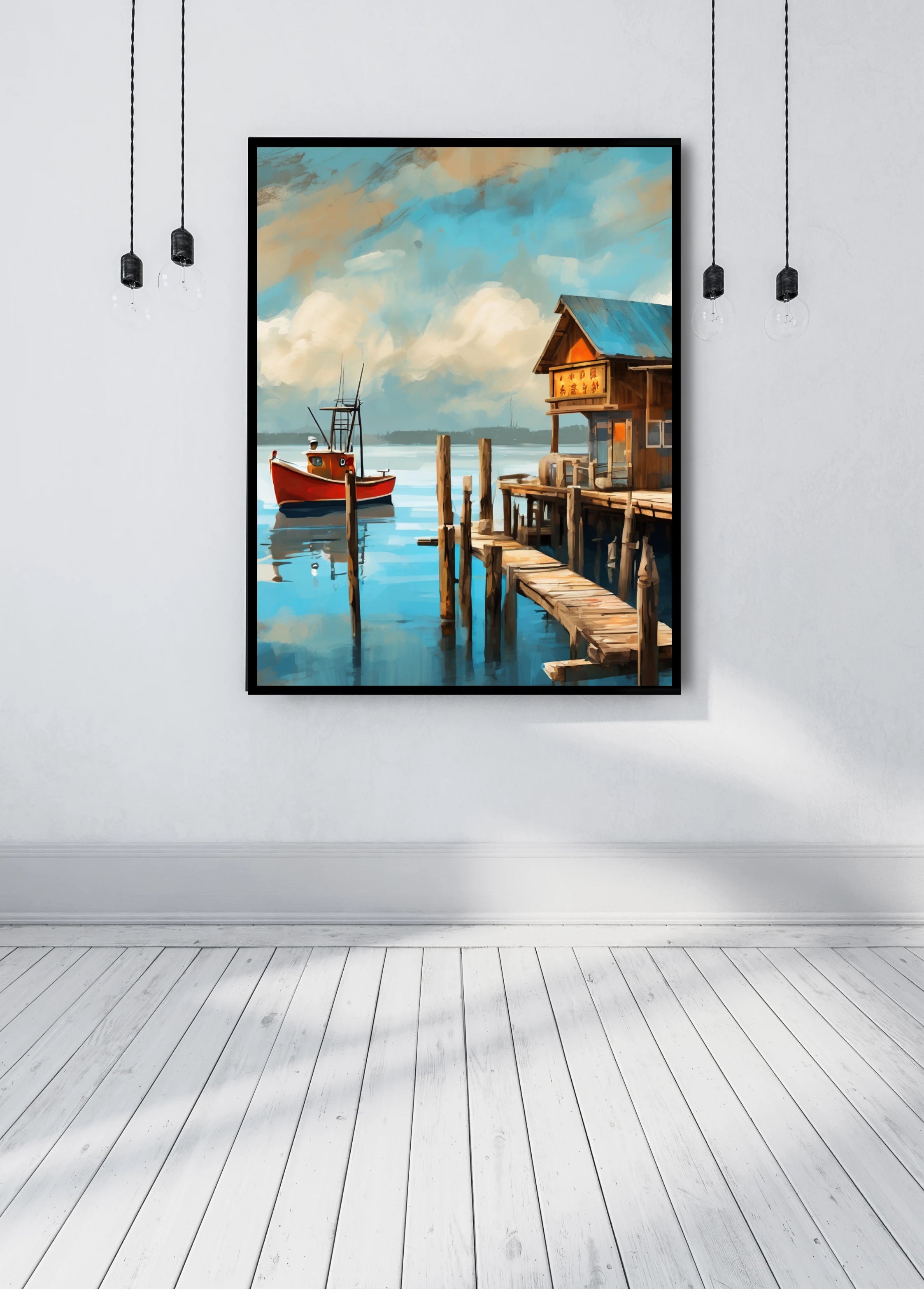 Scenic wooden boat wall art canvas painting on white wall for modern home decor
