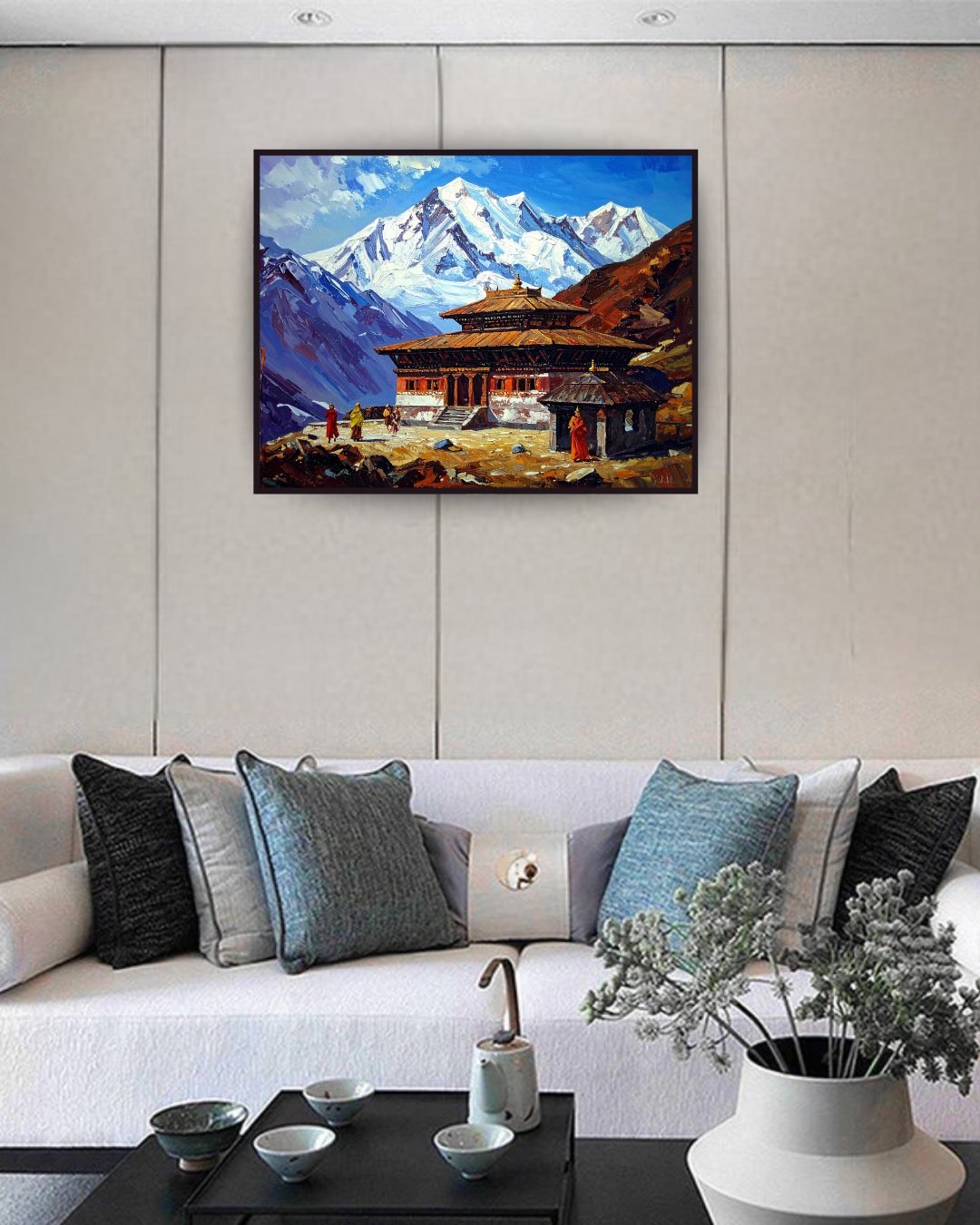 Scenic mountain temple canvas painting for wall decor
