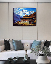 Scenic mountain temple canvas painting for wall decor
