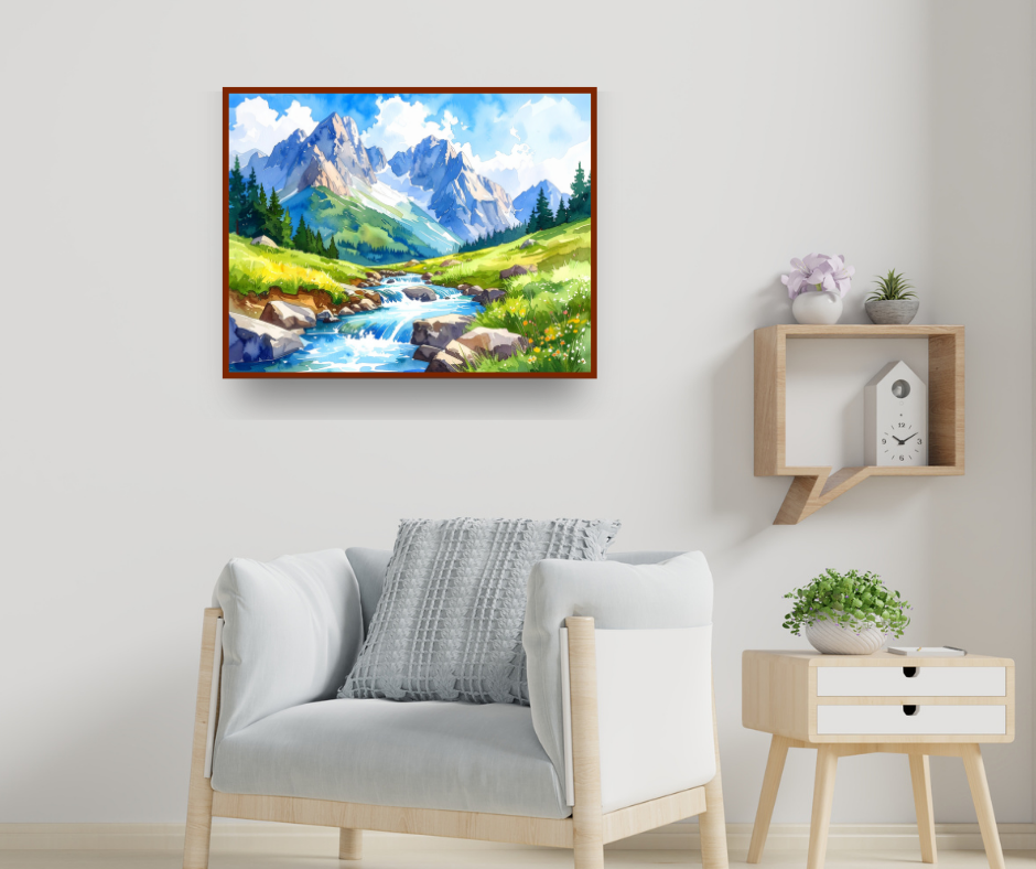 Flowing Mountain Stream Canvas - Alpine Watercolor Wall Decor