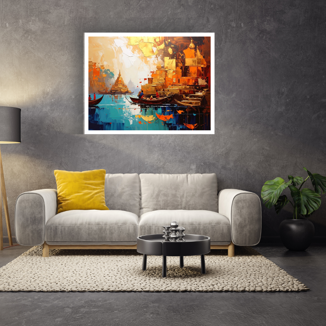 Asian Temple Waterfront Art - Pagoda &amp; Boats Canvas Painting