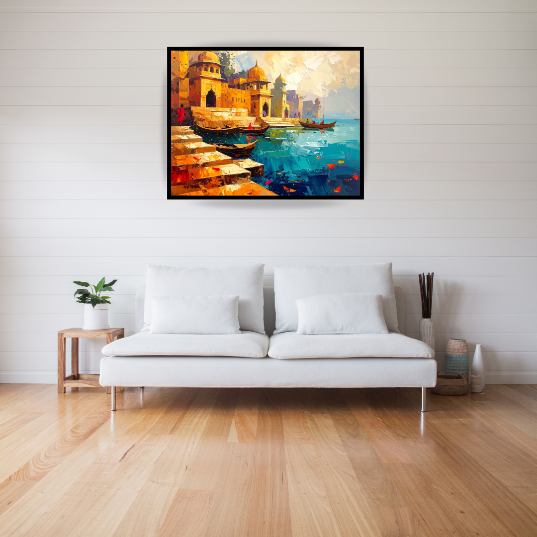 Indian Ghat Heritage Canvas Art - Traditional Riverside Wall Art