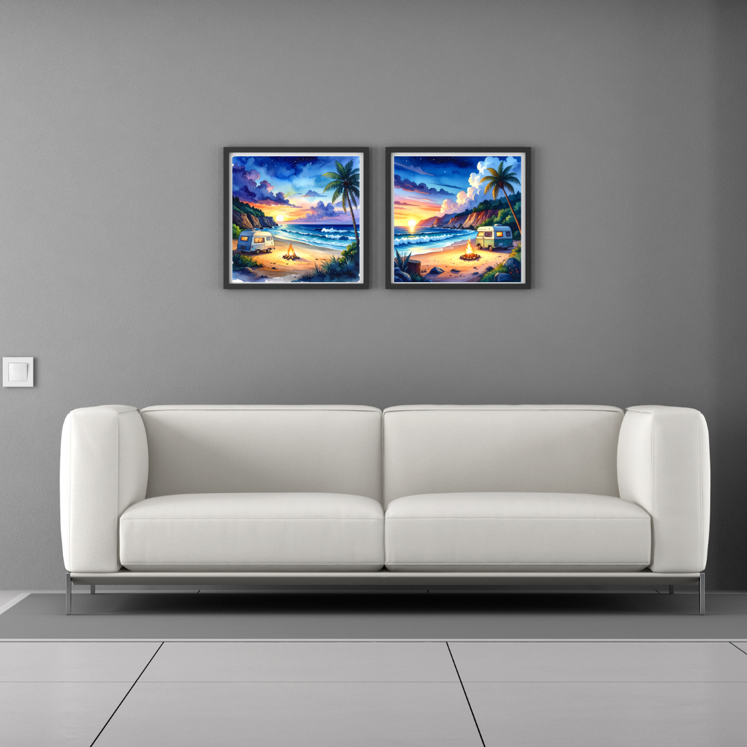 70s Beach Van Sunset Canvas - Retro Hippie Surf Painting