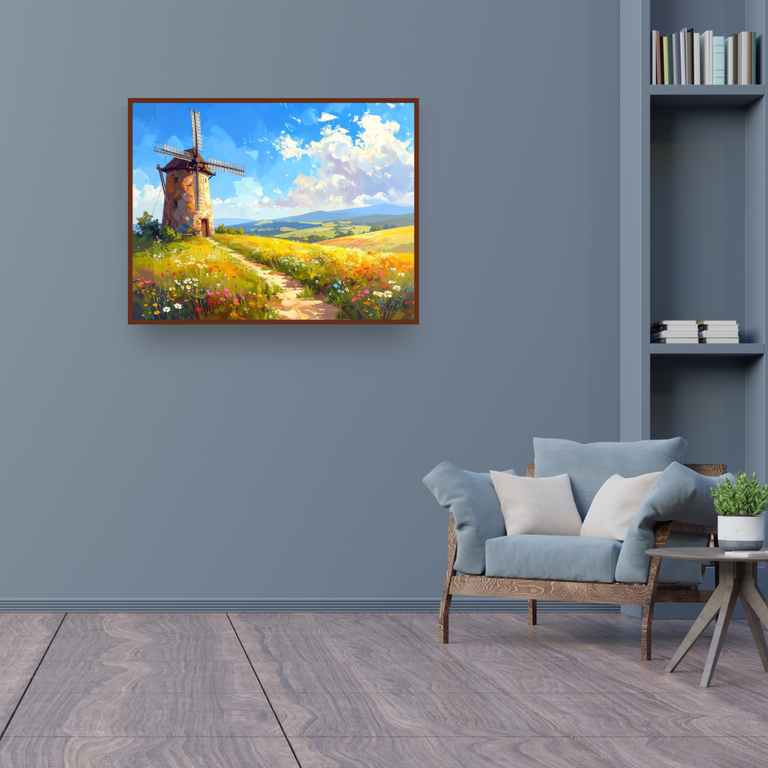 Flower Field Countryside Canvas - Dutch Windmill Wall Art