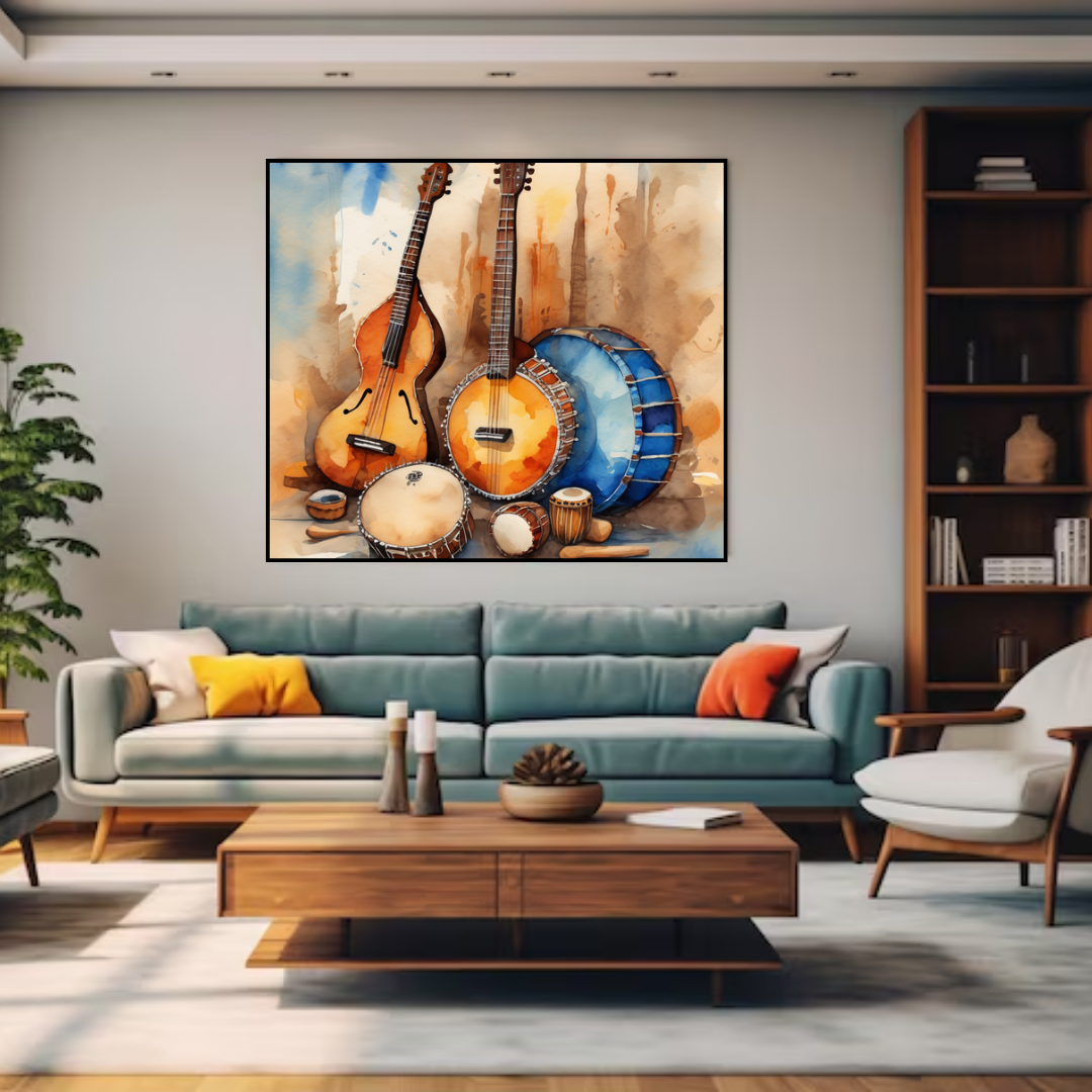 Musical Instruments Still Life Art - Watercolor Canvas Painting