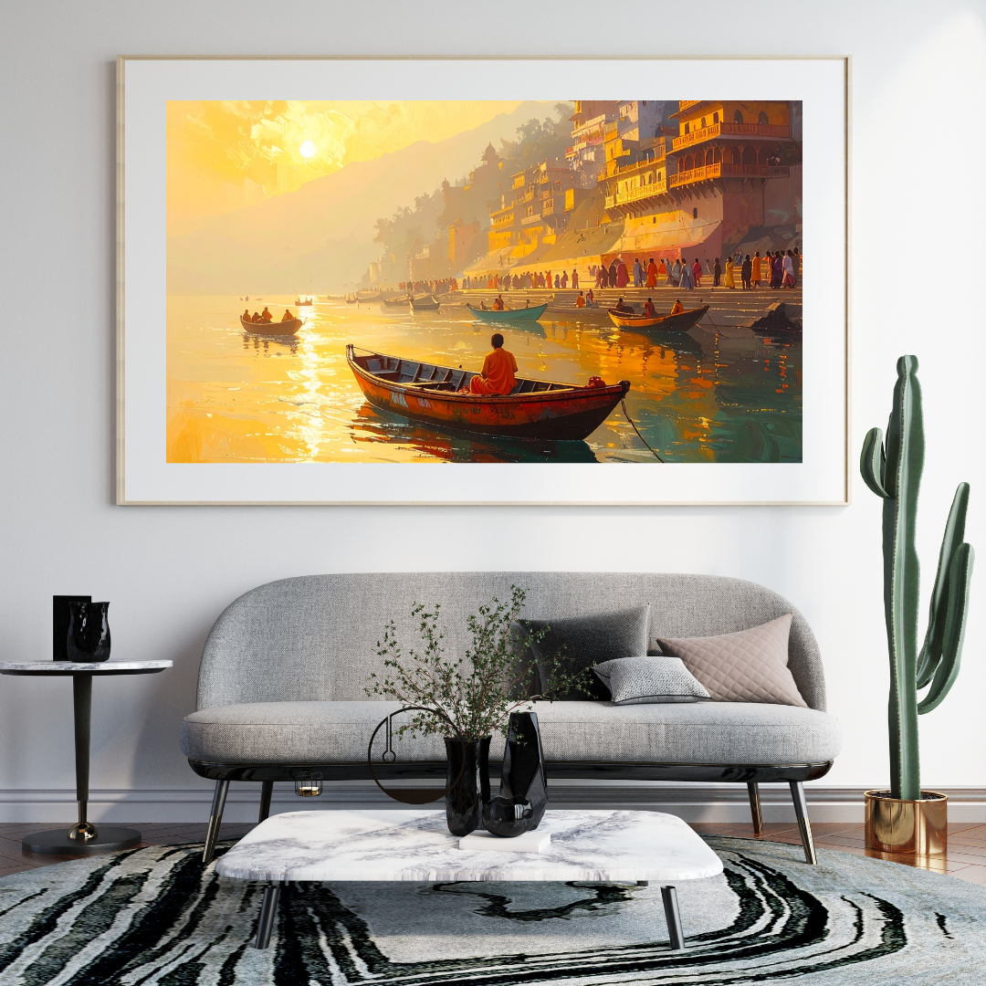 Varanasi ghat wall art canvas painting with boats and golden sunset
