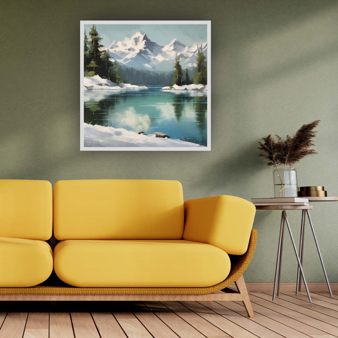 Winter Mountain Lake Canvas Art - Snow Forest Reflection Wall Art
