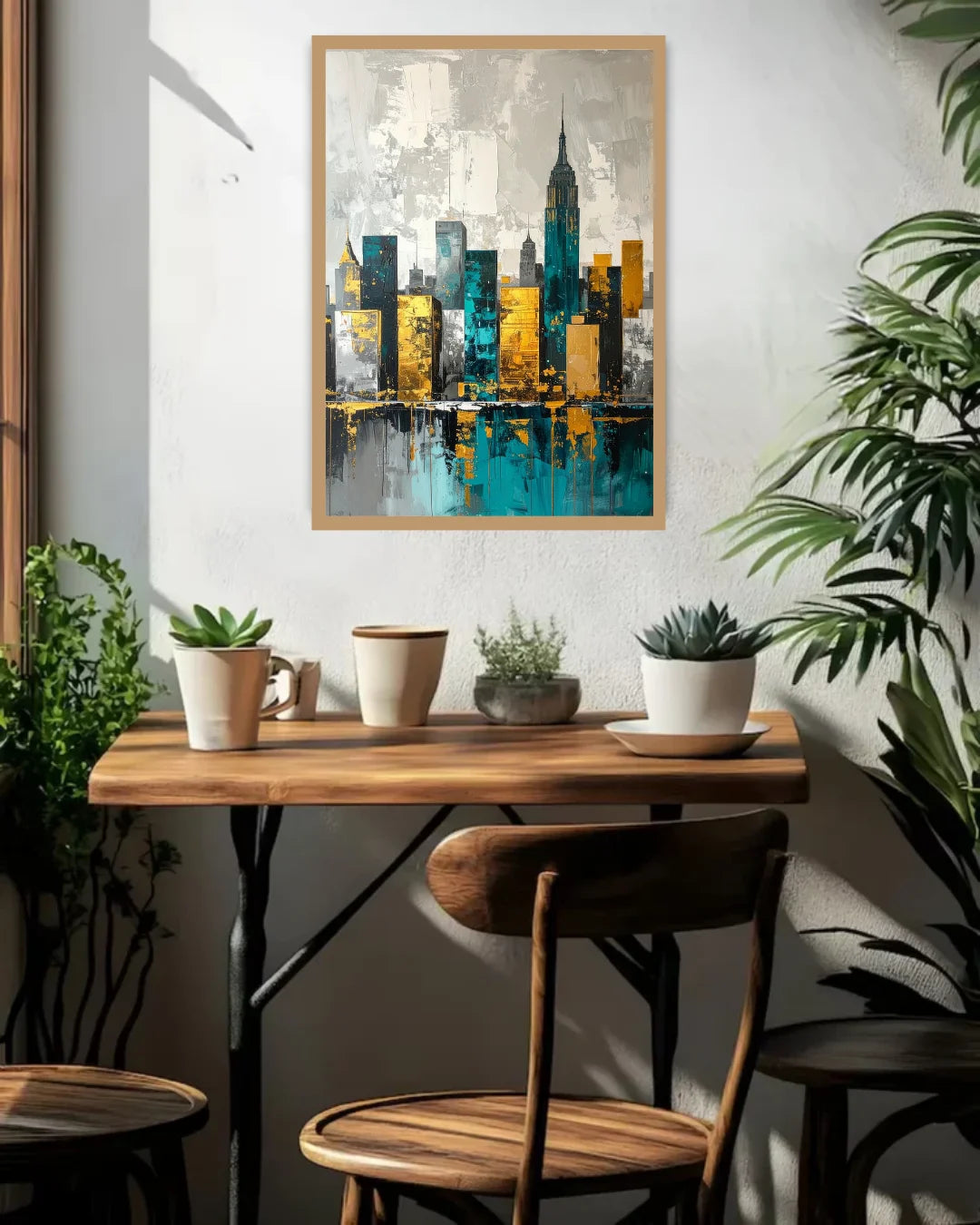 Framed cityscape painting above a wooden table with plants in a room.