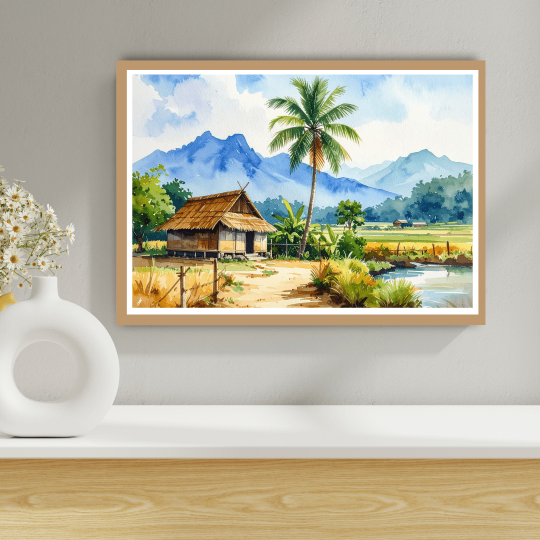 Beautiful Village Landscape Watercolor Painting – Wall Art Canvas
