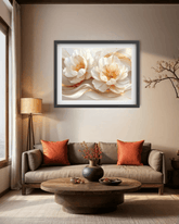Living room with a gray sofa, wooden coffee table, and framed floral artwork on the wall.