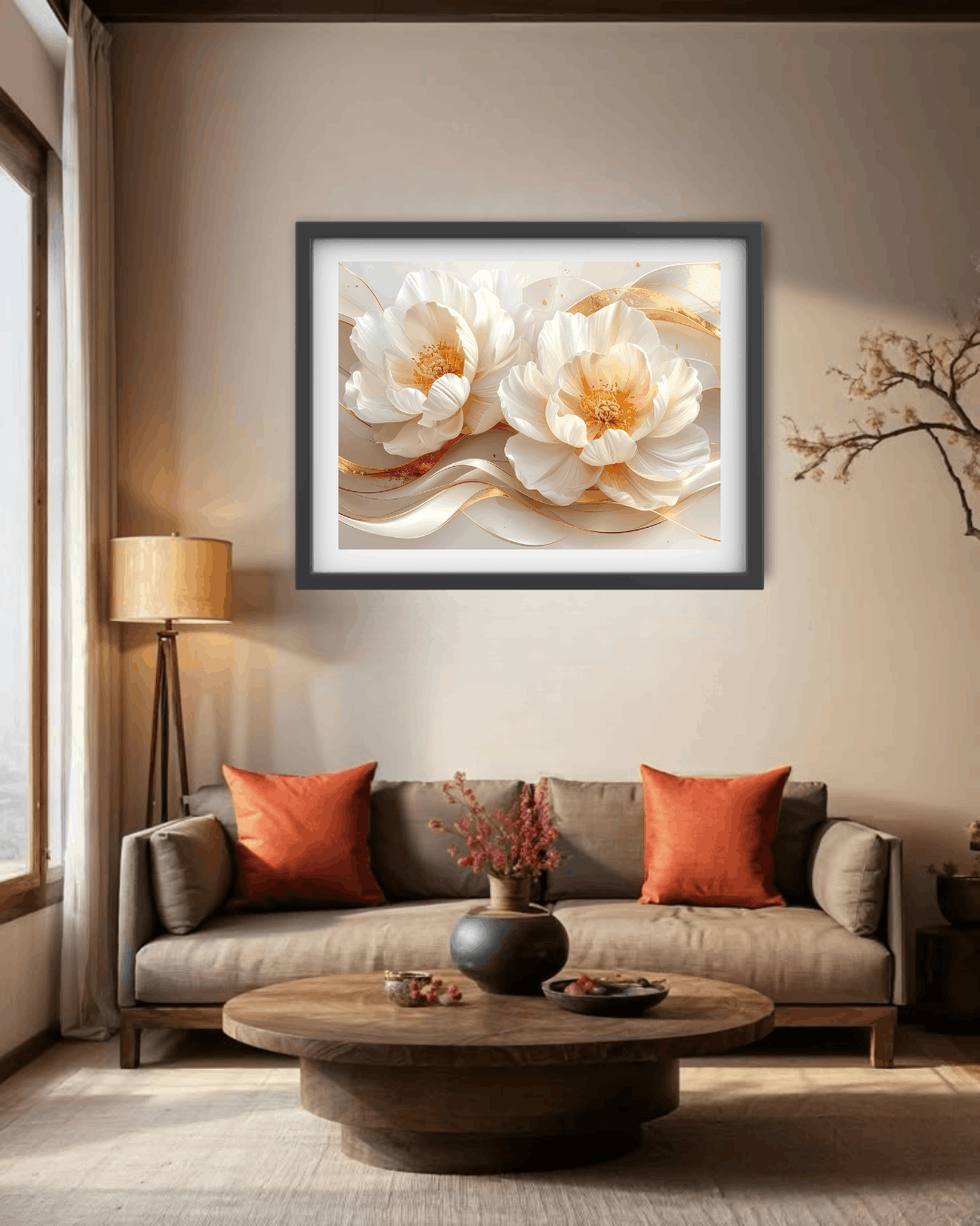 Living room with a gray sofa, wooden coffee table, and framed floral artwork on the wall.
